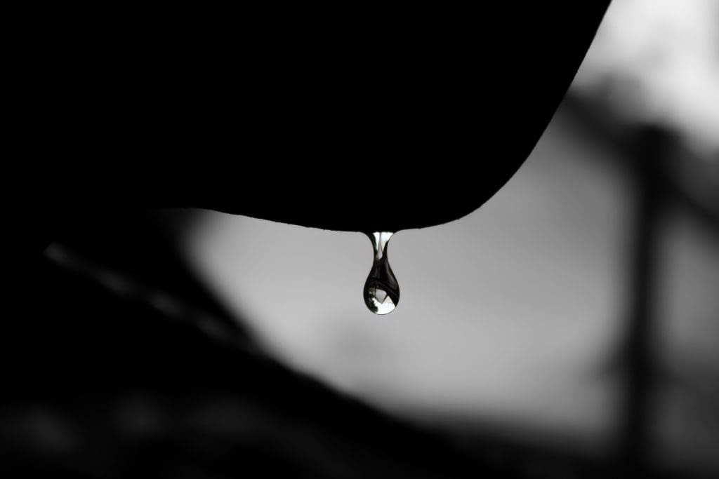 Close-up of a water droplet dripping from an unidentifiable surface