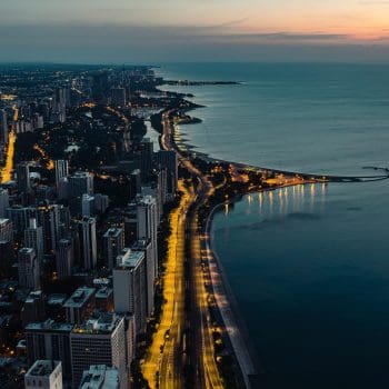 Aerial shot of the Chicago skyline on the shores of Lake Michigan