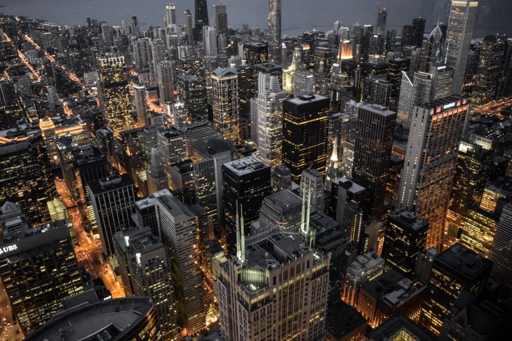 Aerial view of the Chicago skyline at night