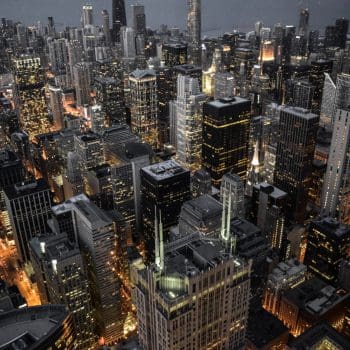 Aerial view of the Chicago skyline at night