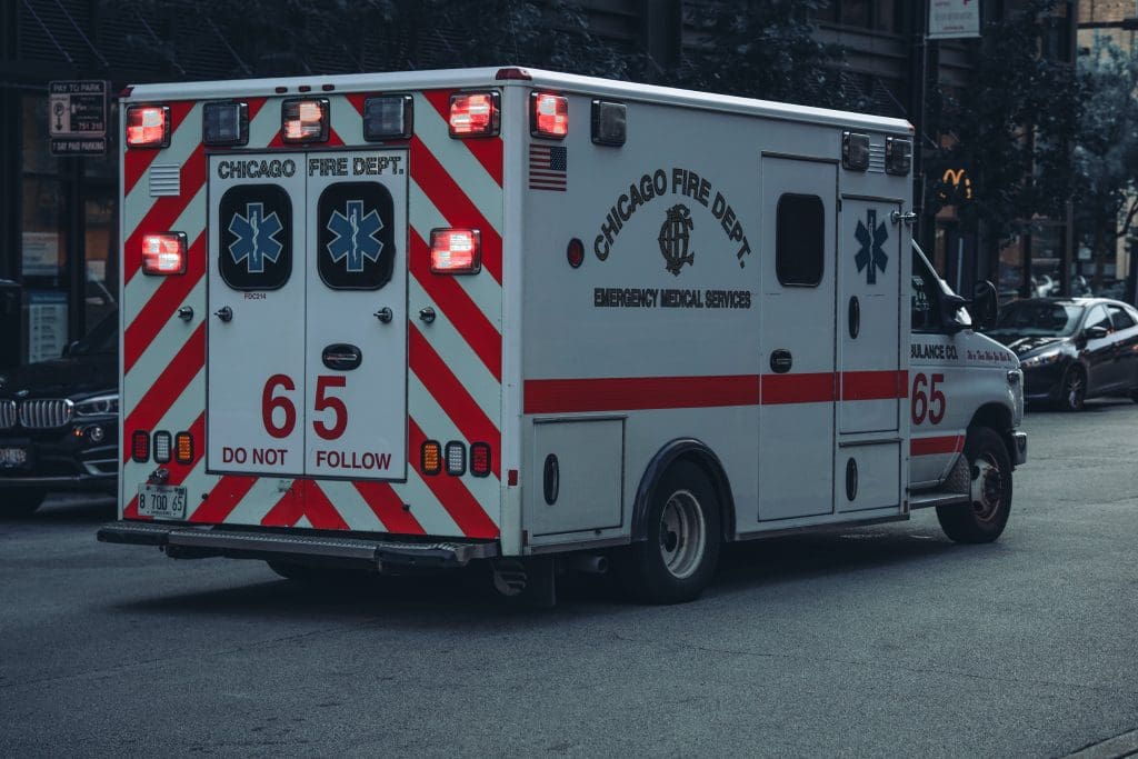 Shot of a Chicago Fire Department Emergency Medical Services vehicle from the rear-right